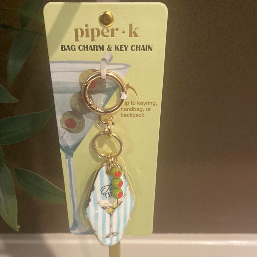 piper·k Gold Key Chain Bag Charm with Blue & White Martini Tag
